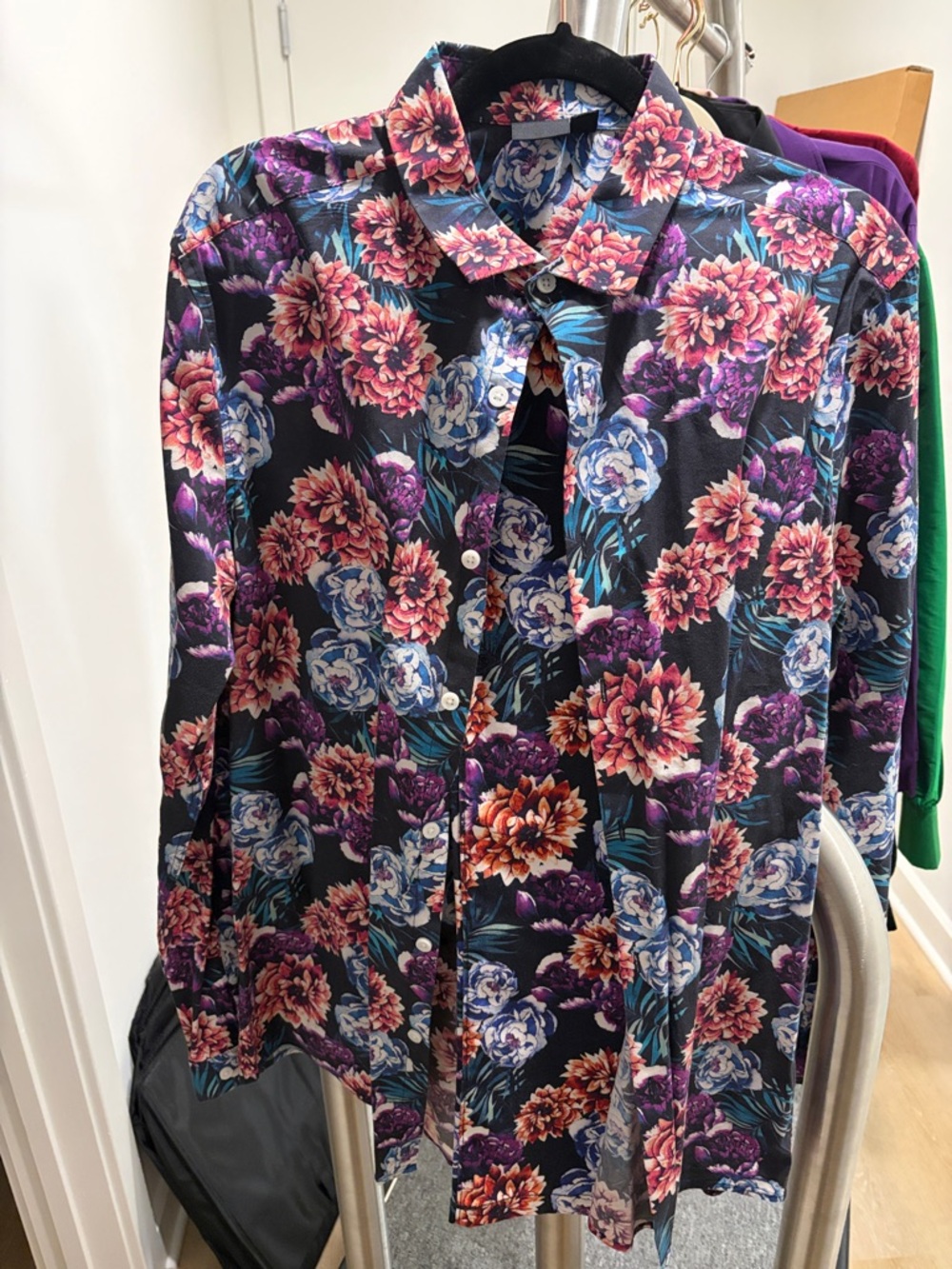 Men's Floral Button-Down Shirt and pants in Black with Pink & Blue Flowers